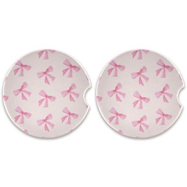 Burbuja Pink Bow Car Coasters for Cup Holder 2 Pack, Absorbent Ceramic Car Cup Holder Coasters with Finger Notch, Cute Car Assecories for Women
