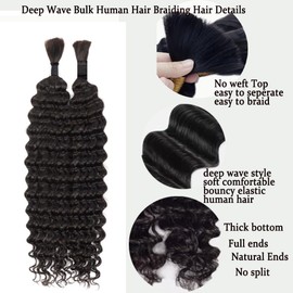 Human Braiding Hair Deep Bulk for Boho Braids 24 Inch Human Hair Braiding Hair Full Bulk 2 Bundle 95g no Weft Deep Wave Bulk Human Hair Extensions for Braiding Nature Black