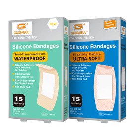 G+ GUIGABUL Silicone Adhesive Bandages for Elderly Sensitive Skin - Painless Removal 2''x4'' Extra Large 15 Counts Waterproof and 15 Counts Flexible Fabric Bandages - Hypoallergenic - Latex Free
