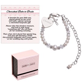 Cherished Babe to Bride Keepsake Cross Bracelet Christening Gift for Infant Newborn Baby Girl in Sterling Silver with Engraved Heart Charm and Cultured Pearls