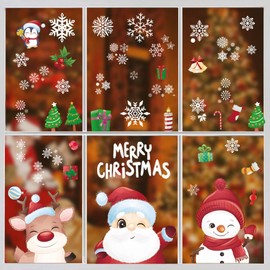 DOJoykey 222 Pieces Christmas Window Stickers, 8 Sheets Santa Claus Snowman Elk and Snow Flakes Window Clings for Christmas Window Decoration