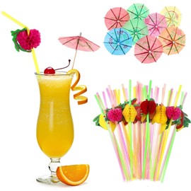 103 Piezas de Decoración Tropical Hawaiana para Fiestas Faldones de Mesa Falda de Mesa con Falda de Mesa Hawaiana Flores de Hibisco Hojas de Palma Piña de Papel Paraguas y Pajitas de Fruta 3D (verde)