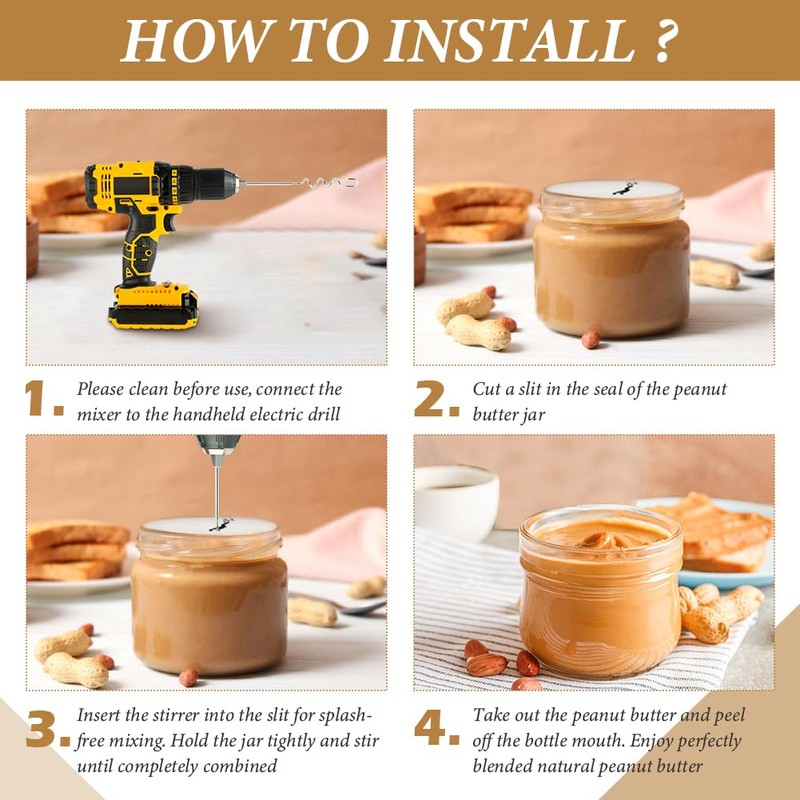 Peanut Butter Stirrer Tool, Stainless Steel Drill Nut Butter Stirrer,
