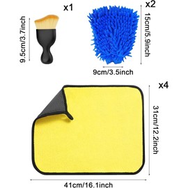 Car Care Set with 4 Microfibre Cloths & 2 Microfibre Wash Gloves & 1 Interior Cleaning Soft Brushes, Home Car Cleaning and Drying Package, Scratch-Free Drying