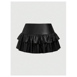 BEAUDRM Women's PU Leather Mini Skirt Punk Tiered Layer Ruffle Drop Low Waist Y2k Short Skirts Black Small