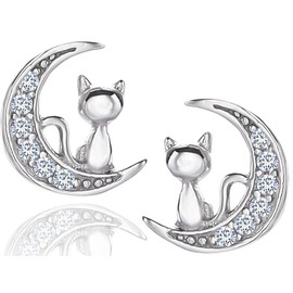 MENNICA BYDGOSKA Earrings Silver 925 Cats on a Crescent Moon with Diamond Cubic Zirconia for Girls Women Clasp Stud Earrings Nickel Free Gift, Sterling Silver