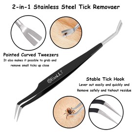 EasyULT Tick Tweezers, Stainless Steel 2-in-1 Splitter Tweezers, Tick Tweezers & Tick Hooks for Humans, Dogs, Children, Reliable Against Ticks of Any Size (Black)