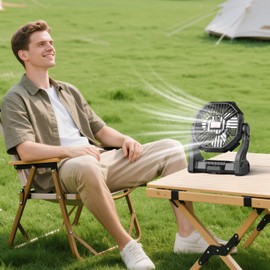 Battery Powered Fan Camping Rechargeable, Portable Outdoor Battery Operated Fan with 4 Light, 270° Pivot, and Hook