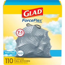 Glad Bolsas de basura altas con cordón para cocina, bolsa de basura blanca de 13 galones, Febreze Fresh Clean, 110 unidades | Febreze Freshness, Rip a
