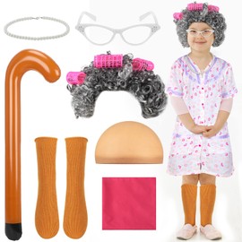 Haull 8 Pcs Old Lady Costume for Kids Girls 100th Day of School Grandma Costume Accessories Dress Granny Wig Crutch Glasses (Floral,7-10 Years)