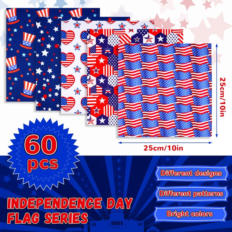 Vanttokeey 10x10 Inch Quilting Fabric, 60pcs 4th of July Patriotic