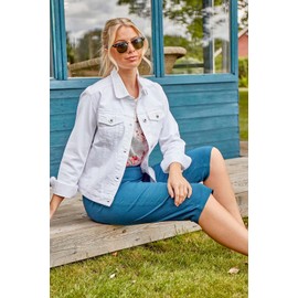 Roman Originals Jean Denim Jacket for Women UK - Ladies 100% Cotton Summer Casual Stretch Crop Smart Utility Trucker Biker Fitted Vintage Wash Faded Classic Jeans Work - White - Size 18