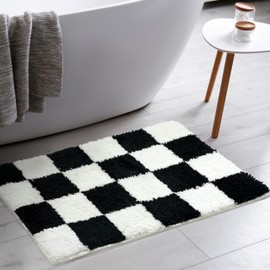 Tititex Luxury Black White Checkered Grid Bathroom Rug, 20"x32" Classic Checkerboard Extra Soft and Absorbent Microfiber Bath Rugs, Non-Slip Plush Shaggy Bath Carpet for Bathroom Floor