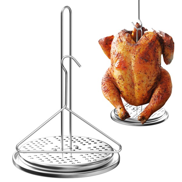GLOWYE Turkey Fryer Stand and Hanger Set, Poultry Chicken Holder Accessories for Deep Fryer, Perforated Rack Base and Handle Lifter Hook Vertical Roasting for Deep Fry Pot Outdoor BBQ Oven