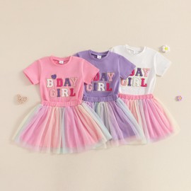 Toddler Birthday Girl Outfit Birthday Girl Letter Embroidery Shirt Top Mesh Tutu Donut Skirt Princess Party Skirt Set (B Pink, 12-18 Months)