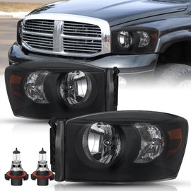 TUSDAR Headlight Assembly Set Fits for 2006-2008 Dodge Ram 1500/2006-2009 Dodge Ram 2500/3500 Pickup Driver and Passenger Side Bulbs Included, Black Housing Smoked Lens & Amber Reflector