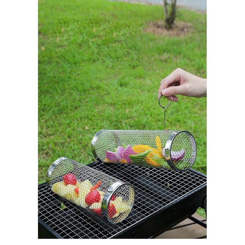 2 PCS Rolling Grill Baskets, 304 Stainless Steel Rolling Grilling