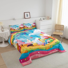 Cartoon Ice Cream Comforter Set Twin Size for Kids Candy Rainbow Bridge Bedding Sets All Season Sweet Dessert Quilt Set Bedroom Decor Childlike Food Down Comforter,2Pcs