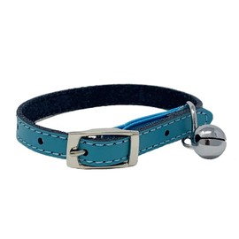 Cat Collar Real Leather with Safety Elastic, Bell, Available (Blue)