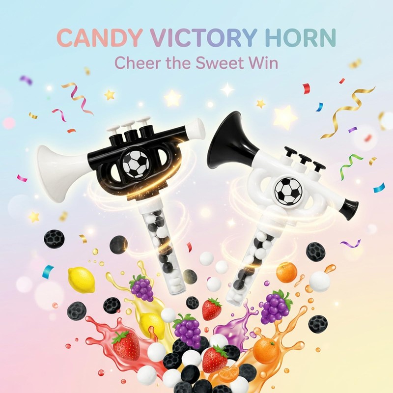 4-Count Set Cheering Horn With Candy, Soccerball-Shaped Hard Candy Storage