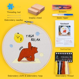 BERYA Bear Embroidery Starter Kit, Adults Starter DIY Needlepoint Kits with Instruction and Video, Embroidery Hoops,Display Stand,Threader,Color Threads and Needles - Perfect for Beginners