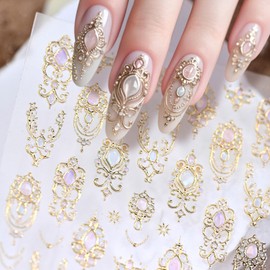 5D Embossed Gold Nail Stickers for Nail Art Gemstone Nail Art Stickers Vintage Gold Nail Decals Self Adhesive Nail Design Manicure Supplies Charm for Women Girls Nails Decorations