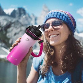 NATURE PIONEOR Insulated Water Bottles with Paracord Handle - 18 oz Vacuum Sports Wide Mouth Water Bottle with 3 Lids, Leak Proof Stainless Steel Keeps Hot and Cold