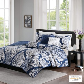 Madison Park Reversible Cotton Quilt-Luxury Stitching Design All Season, Breathable Coverlet Bedspread Bedding, Shams, Decorative Pillow, King/Cal King(104"x94"), Vienna, Damask Indigo 6 Piece