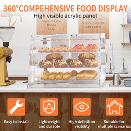 Ruiishunyy Commercial Countertop Bakery Display Case- Thickened Large Pastry Display Case with Bread Tong - 3 Tray Adjustable Bread Box for Bread,Cake and Cookie, 22.2" x 17.7" x 16"