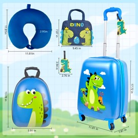 Dinosaur Kids Luggage Suitcase Set - 5 Piece Upright Kids Carry on Luggage with Wheels Set Dinosaur Hard Shell Backpack Neck Pillow Lunch Bag Luggage Tag Hardside Spinner Rolling Suitcase for Travel