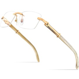 HEPIDEM 100% Really Buffalo Horn Handmade Glasses Frame Square Rimless Luxury Buffs Eyeglasses (50251 White Buffalo Horn)