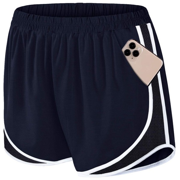 Fulbelle Pantalones cortos para correr con bolsillos para mujer, de doble capa, atlético, entrenamiento, gimnasio, Azul Marino, XL