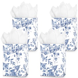 30 Pcs Floral Gift Bags Chinese Blue and White Porcelain Elements Party Bags with Handles for Party Favors, Weddings, Birthday, Mothers Day, Celebration, Baby Shower, 8.3x6x3.2 in