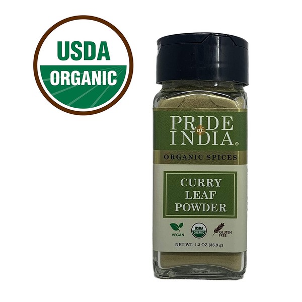 Pride Of India - Organic Curry Leaf Powder Ground - 1.3 oz (36.9 gm) Dual Sifter Jar - Used in Soups, Stews, Chutneys, Pilaf & more