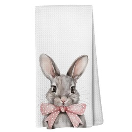Liosei Pink Bow Rabbit Bunny Decorative Kitchen Towels and Dishcloths, Coquette Pink Bow Hand Towel, Easter Preppy Bunny Print Drying Cloth Hand Towels for Bathroom Kitchen Decor, 16×24Inches