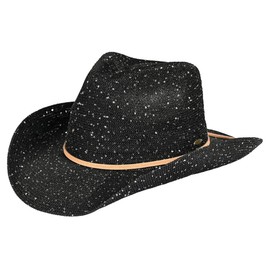 Funky Junque Black Straw Sequin Cowboy Hat for Women, Sparkly Rhinestone, Adjustable Fit, Perfect for Bachelorette Parties, Beach Wear - Sequin - Black