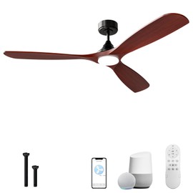 60 Inch Ceiling Fan with Lights, Solid Wood Blades Smart Ceiling Fan with Remote and App Controls, ETL Quiet DC Motor 6 Speed, Timing, High CFM, Dimmable LED Light for Home Office, Black + Red Walnut
