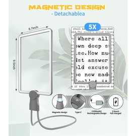 Rechargeable 5X Magnifying Glass with Light for Reading, Full Page Magnifier Hands Free with Gooseneck for Seniors & Low Vision Close Work Repair Sewing Cross Stitch