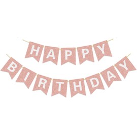 Pre-Strung Happy Birthday Banner - NO DIY - with Shiny Letters Glitter Happy Birthday Banner for Rose Gold Birthday Party Decorations and Supplies