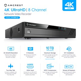 Amcrest NV4108-A2 4K 8CH NVR (1080p/3MP/4MP/5MP/8MP) Network Video Recorder - Supports up to 8 x 8MP/4K IP Cameras, 8-Channel, Supports up to 10TB Hard Drive (No Built-in WiFi)