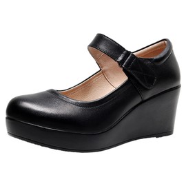 Jamron Women's High Platform 6CM Wedge Heel Mary Jane Shoes Hook&Loop Ankle Strap Leather Pumpss Black SN070281-1 UK2.5