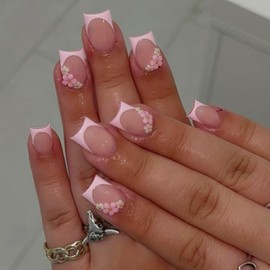 Square Press on Nails Short Fake Nails with Designs 3D Flower Stick on Nail Pink French Acrylic False Nail Glossy Artificial Nail Full Cover Glue on Nails for Women 24Pcs