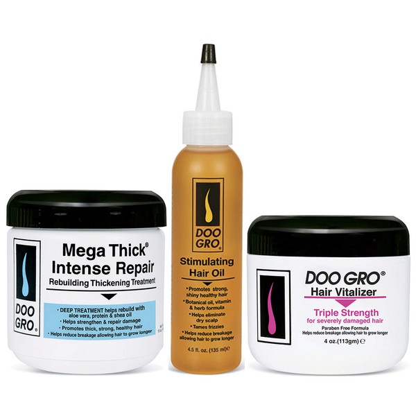 Doo Gro Mega Thick Intensive Repair 16 oz with Stimulating Growth Oil 4.5 fl oz & Hair Vitalizer Triple Strength 4 oz