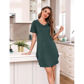 Marvmys Women's Nightdresses Short Sleeve V Neck Nightshirt Cotton Casual Nightwear Dresses Nighties Loungewear Green