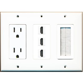 RiteAV - (3 Gang 15A Power Outlet Mesh-Brush 3 HDMI Wall Plate White