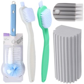 Cleaning Brush Water Bottle Cup Washer Glass Cleaner - Bendable Handle Microfiber Nylon Bristle Free Non Scratch Wet Dry Sponges Dishwashing Kitchen Hand Scrubber House Essentials Set (Green)