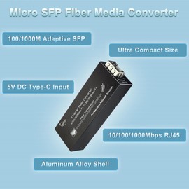 Mini Gigabit Fiber Media Transceiver SFP Ethernet up to 20km Single Mode Dual Fiber（SMDF） Media Converter 10/100/1000Base Tx to 100/1000Base FX to Fiber Converter, with SFP Slot USB-C Power Input