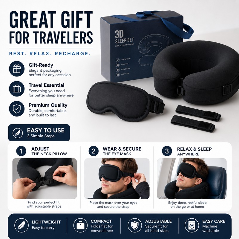 3D Sleep Eye Mask with Travel Neck Support – Cotton
