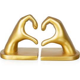 1Pair/2Piece Gold Heart Hands Book Ends, Heavy Duty Resin Decorative Bookends for Shelves, Non-Skid Book Holders for Home Office