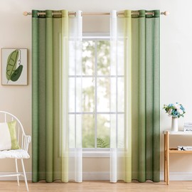 MIULEE Set of 2 Voile Curtains, Two-Tone Curtains with Eyelets, Transparent Curtains, Window Curtains, Translucent, for Bedroom, 140 x 225 cm, Olive Green
